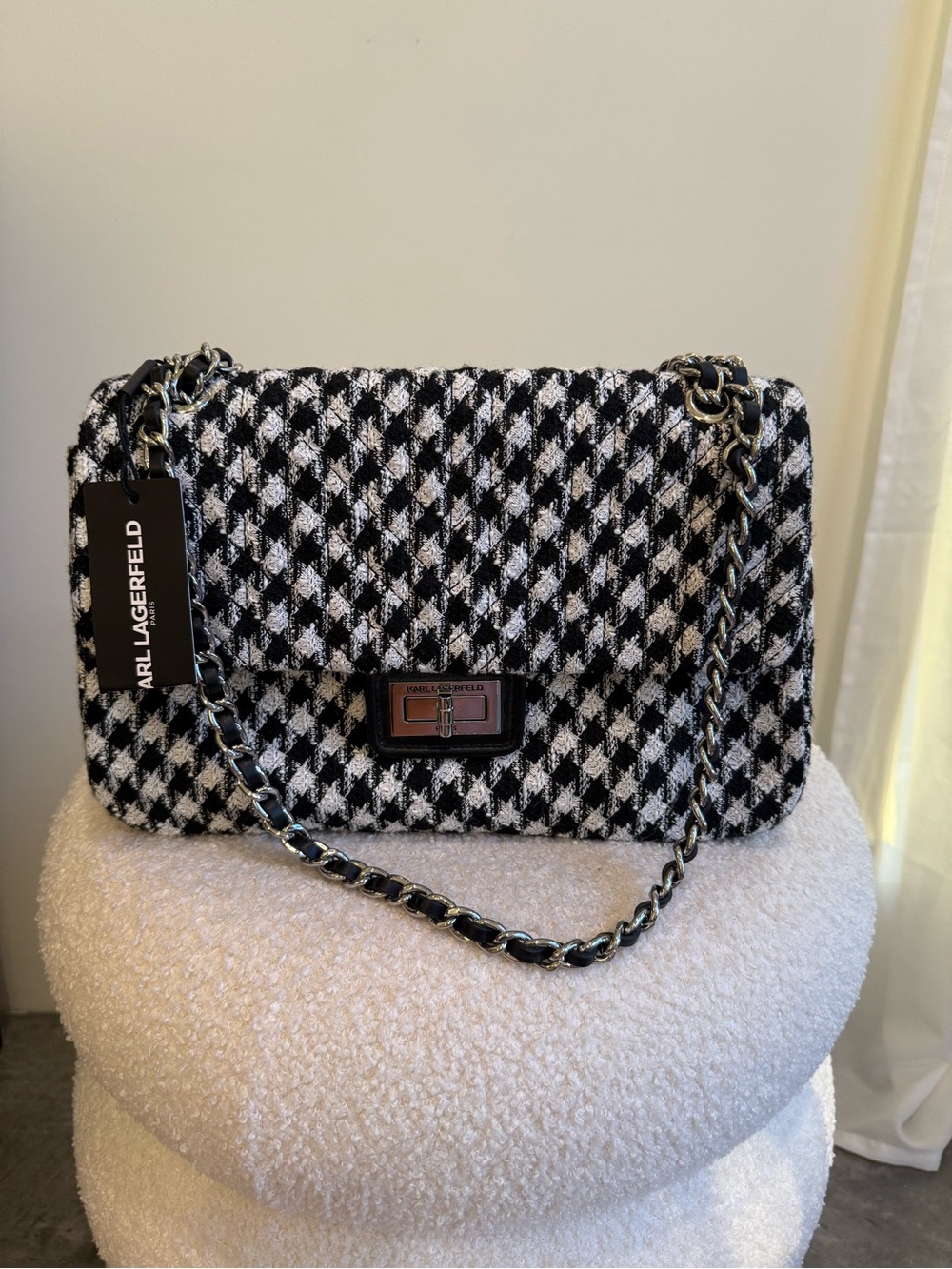 NWT Karl Lagerfeld Paris Aygness Houndstooth Shoulder Bag Black Gray White